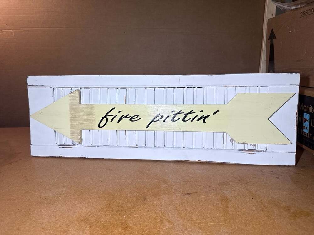 Rustic Shutter Wood Arrow Wall Sign Fire Pittin' Distressed White Yellow
